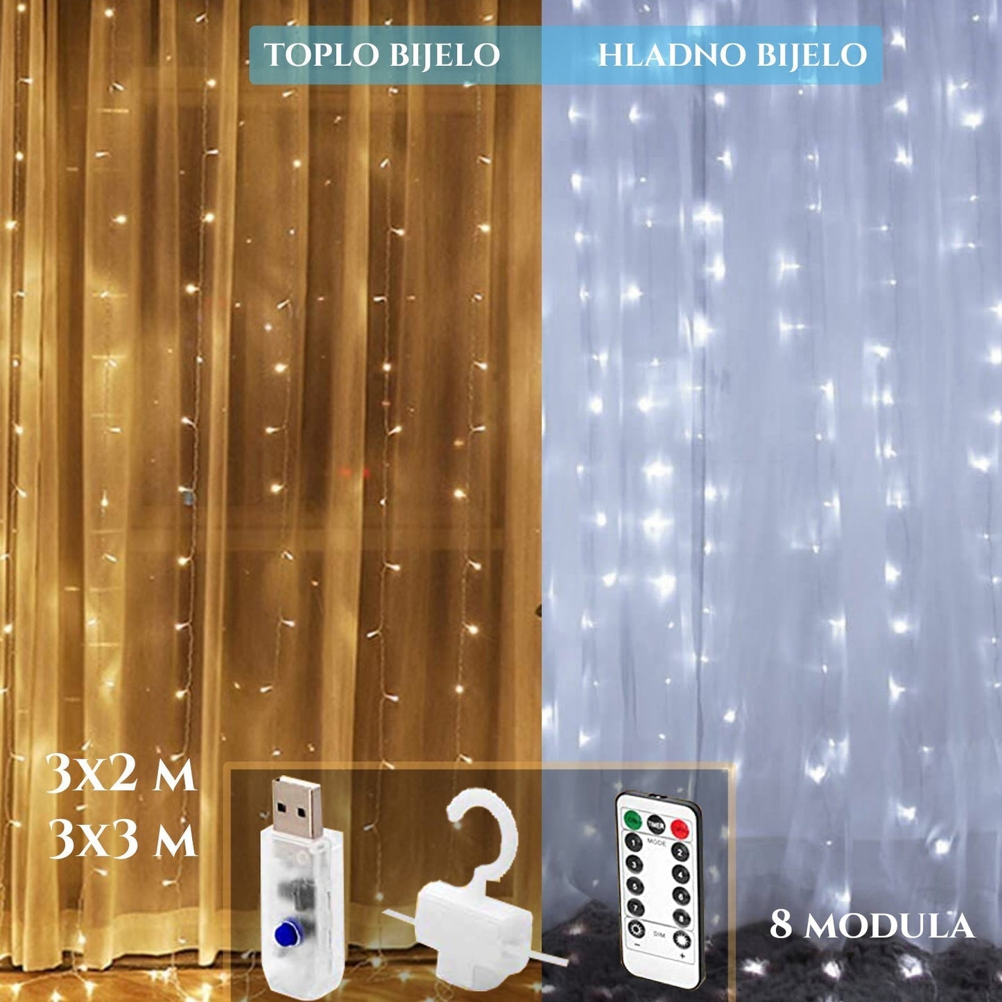LED Zavjesa za prozor sa vješalicama i daljinskim 3X3M