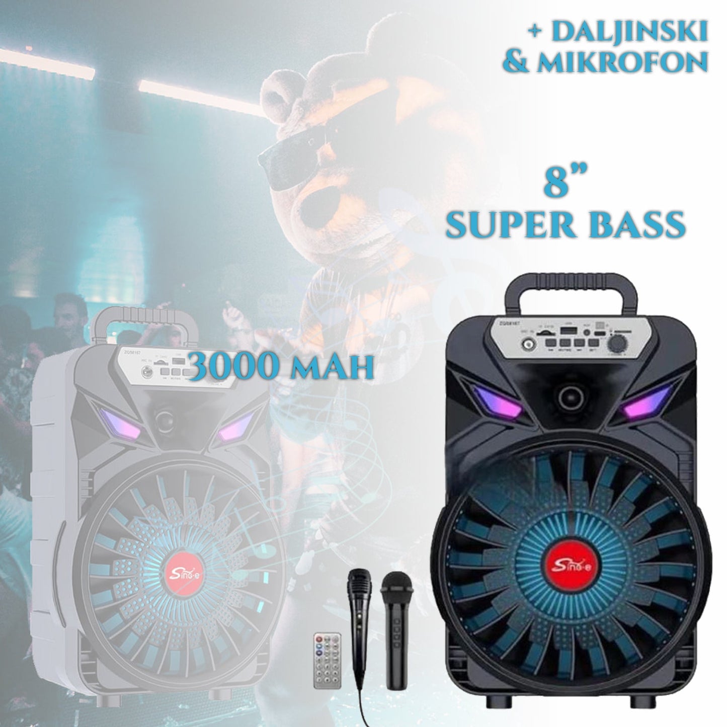 SUPER BASS ZVUČNIK 8 INCH SA BEŽIČNIM MIKROFONOM I DALJINSKIM 3000mah-ZQS8167w